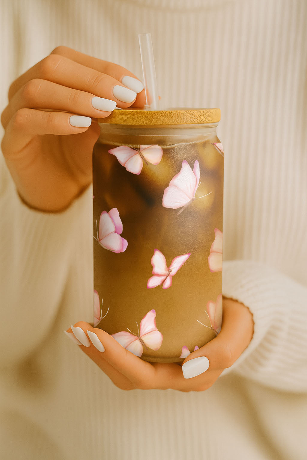 Butterfly Glass Can Tumbler, Lovers Mug Gift, Girl Coffee Cup