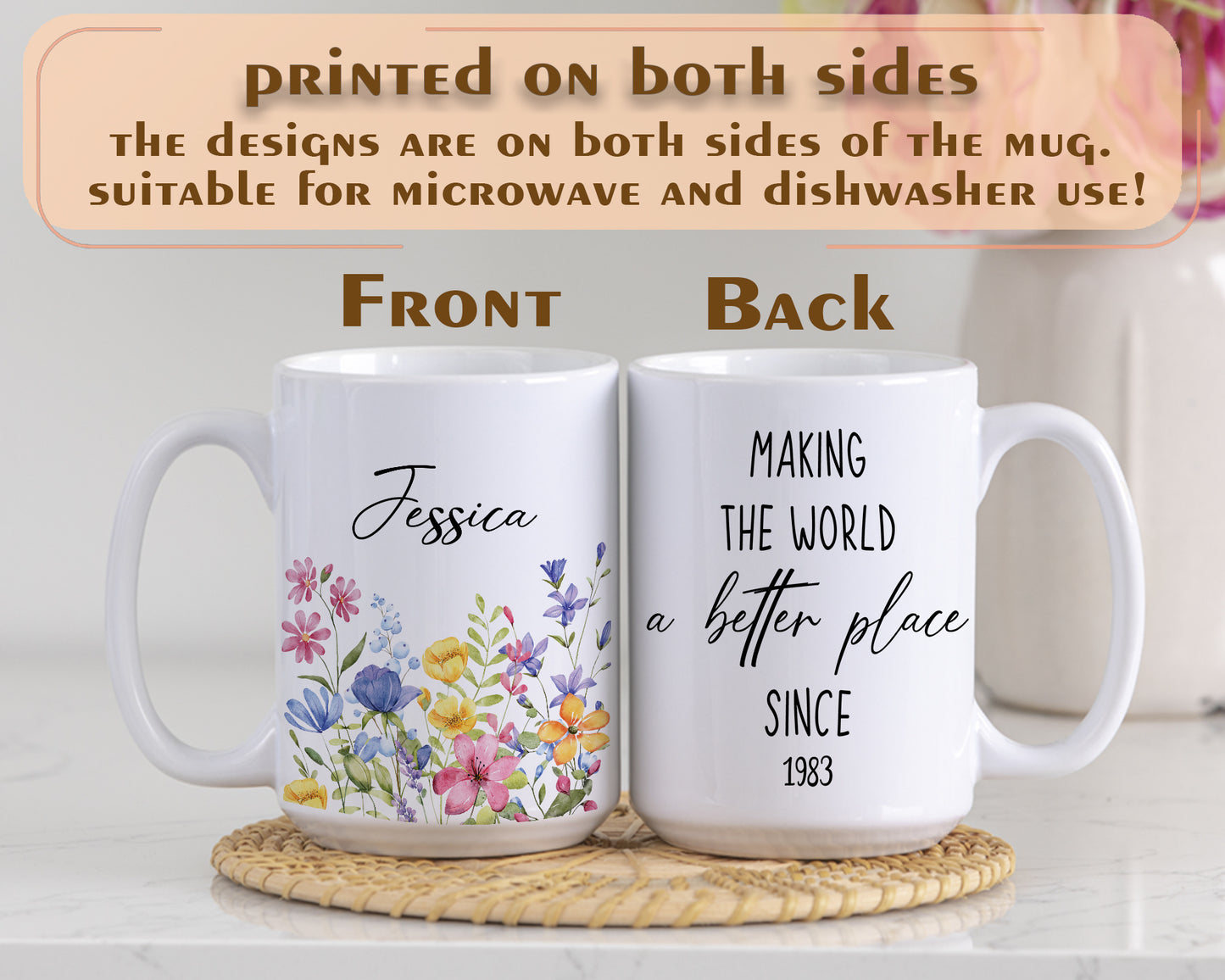 Personalized Wildflowers Ceramic Mug, Boho Gift For Her, Custom Tea Cup