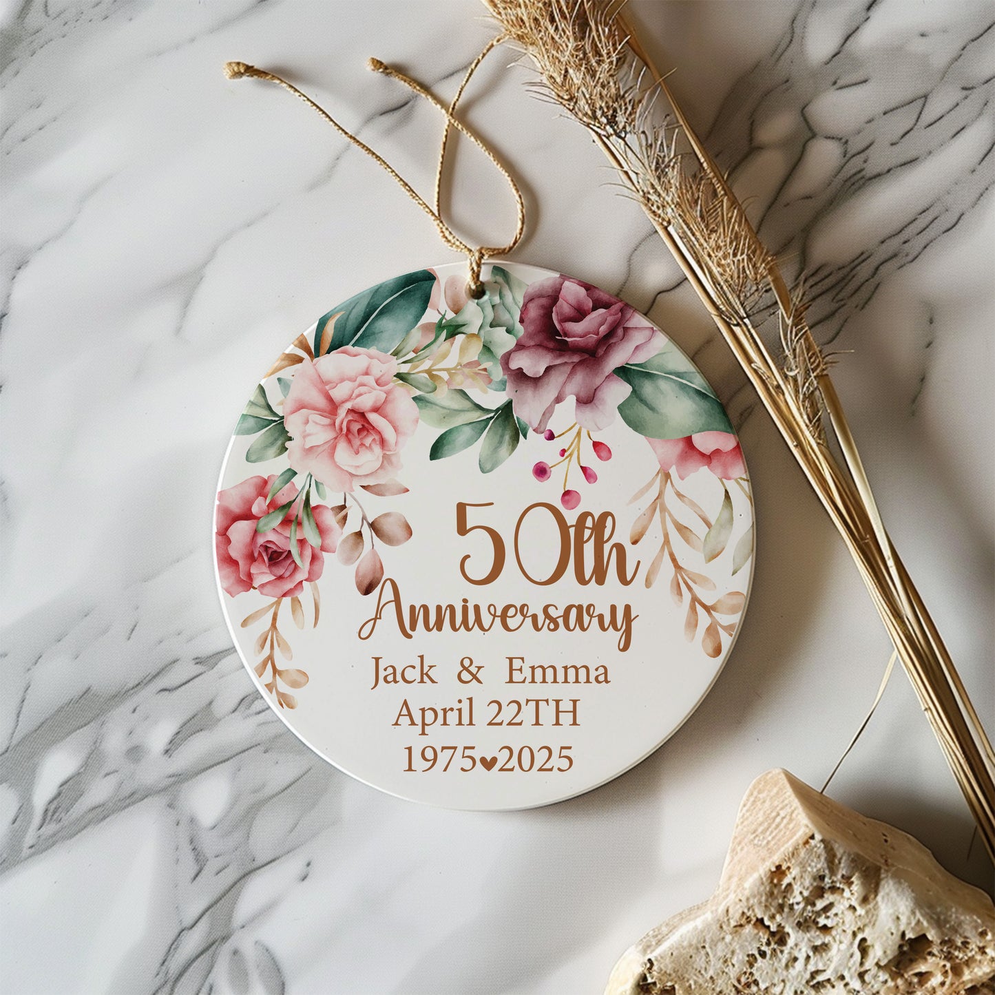 Custom Floral Names & Date Ornament, Personalized Golden 50th Anniversary Keepsake
