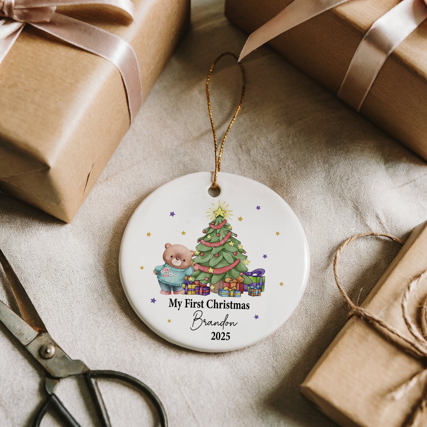 Baby's 1st Christmas Keepsake Ornament, Personalized Ceramic With Adorable Bear Design
