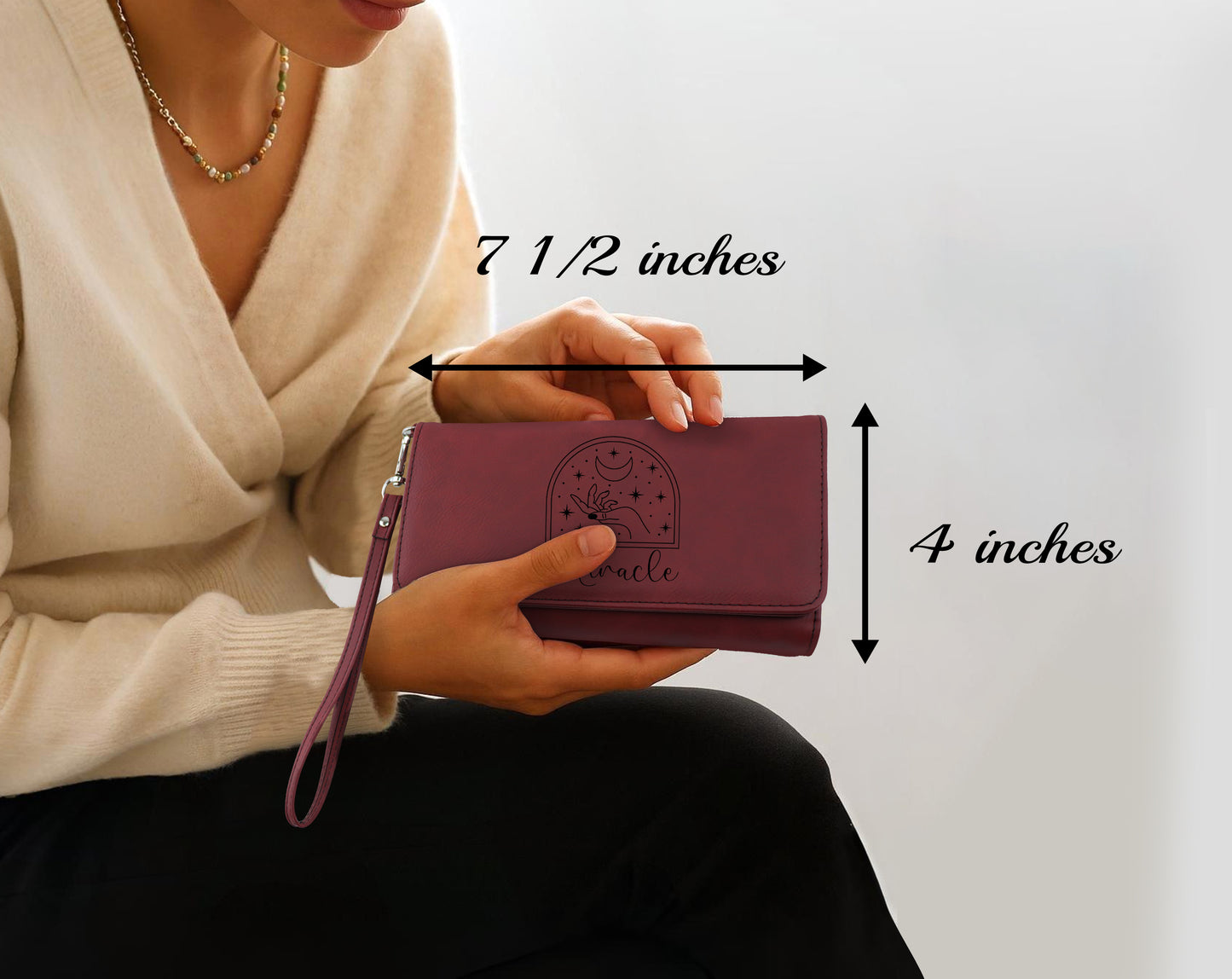 Custom Engraved Vegan Leather Wristlet, Minimalist Boho Wallet for Her