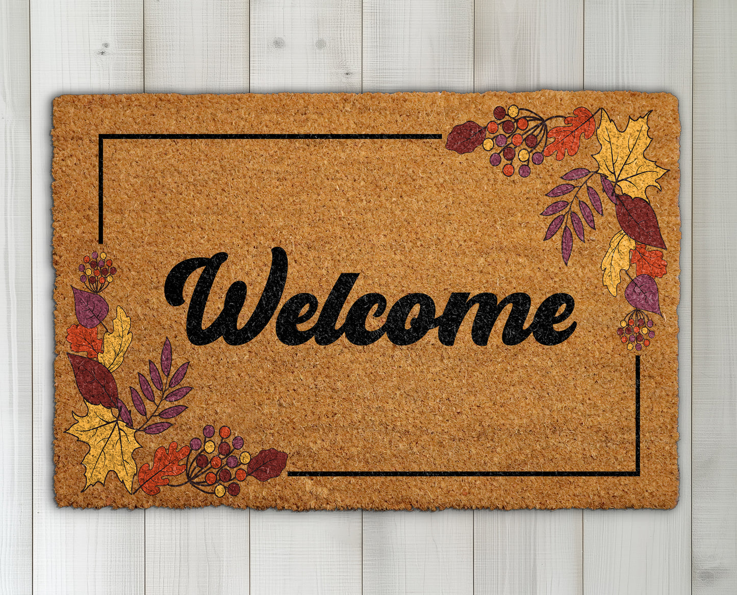 Fall Leaves Welcome Mat, Rustic Autumn Entryway Mat, Farmhouse Entry Rug