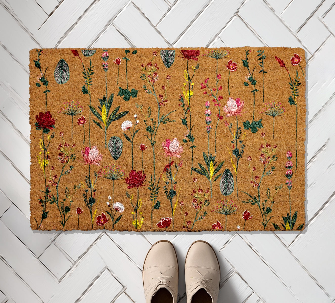 Boho Floral Welcome Mat, Colorful Spring Blossom Doormat, Charming Entrance Rug