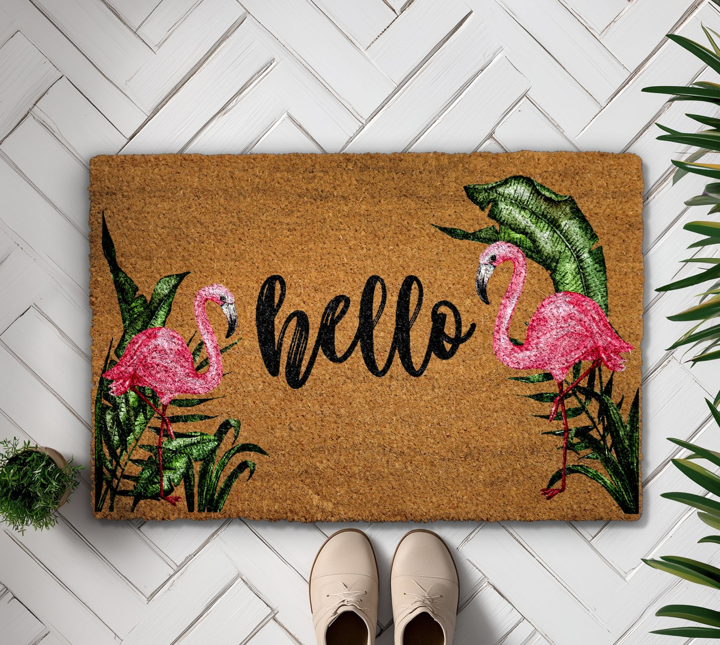 Tropical Leaves & Pink Flamingo Doormat: Charming Summer Welcome Rug