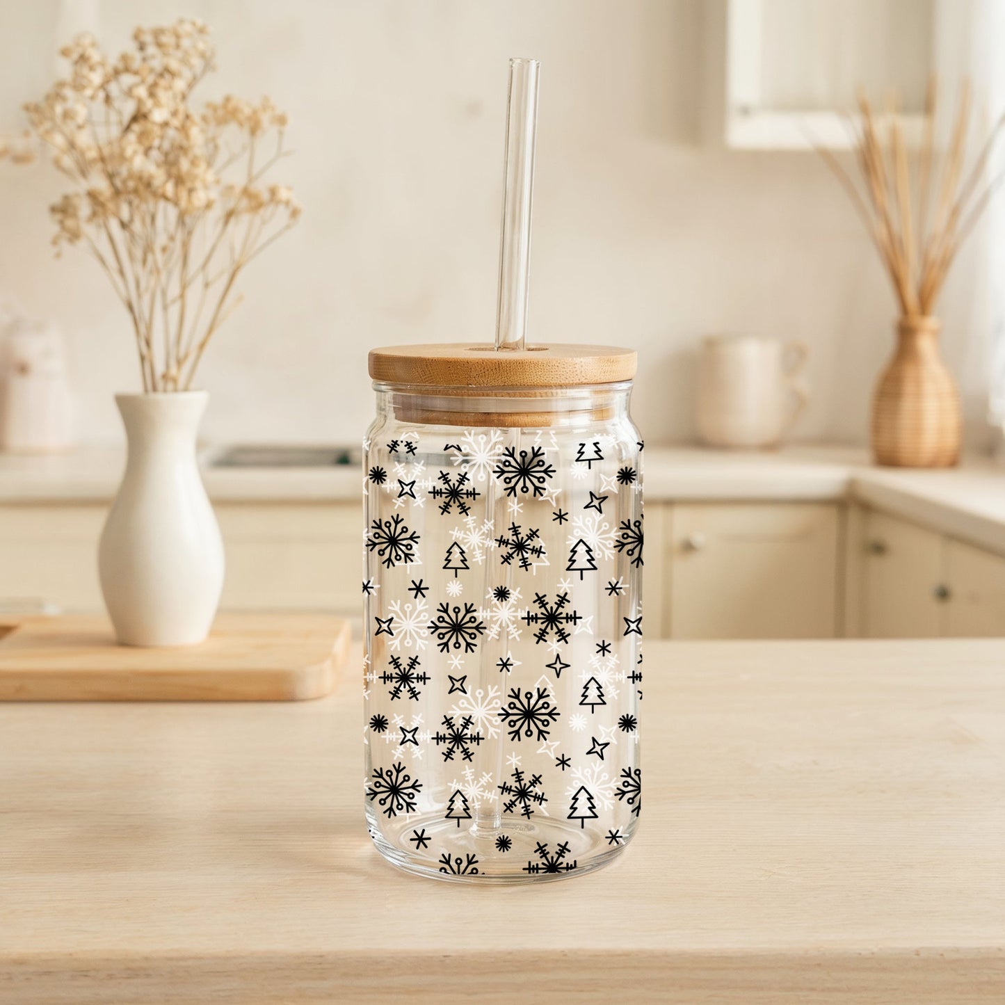 Snow Flake Can Glass Tumbler, Bamboo Lid Cup, Holiday Gift