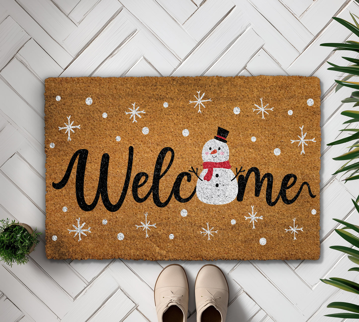 Snowman Welcome Mat, Winter Snowflake Rug, Christmas Housewarming Decor