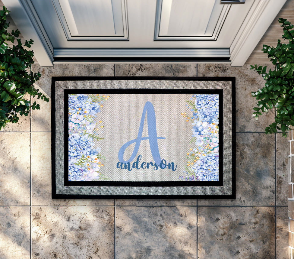 Custom Floral Initial Door Mat, Personalized Monogram Letter Rug