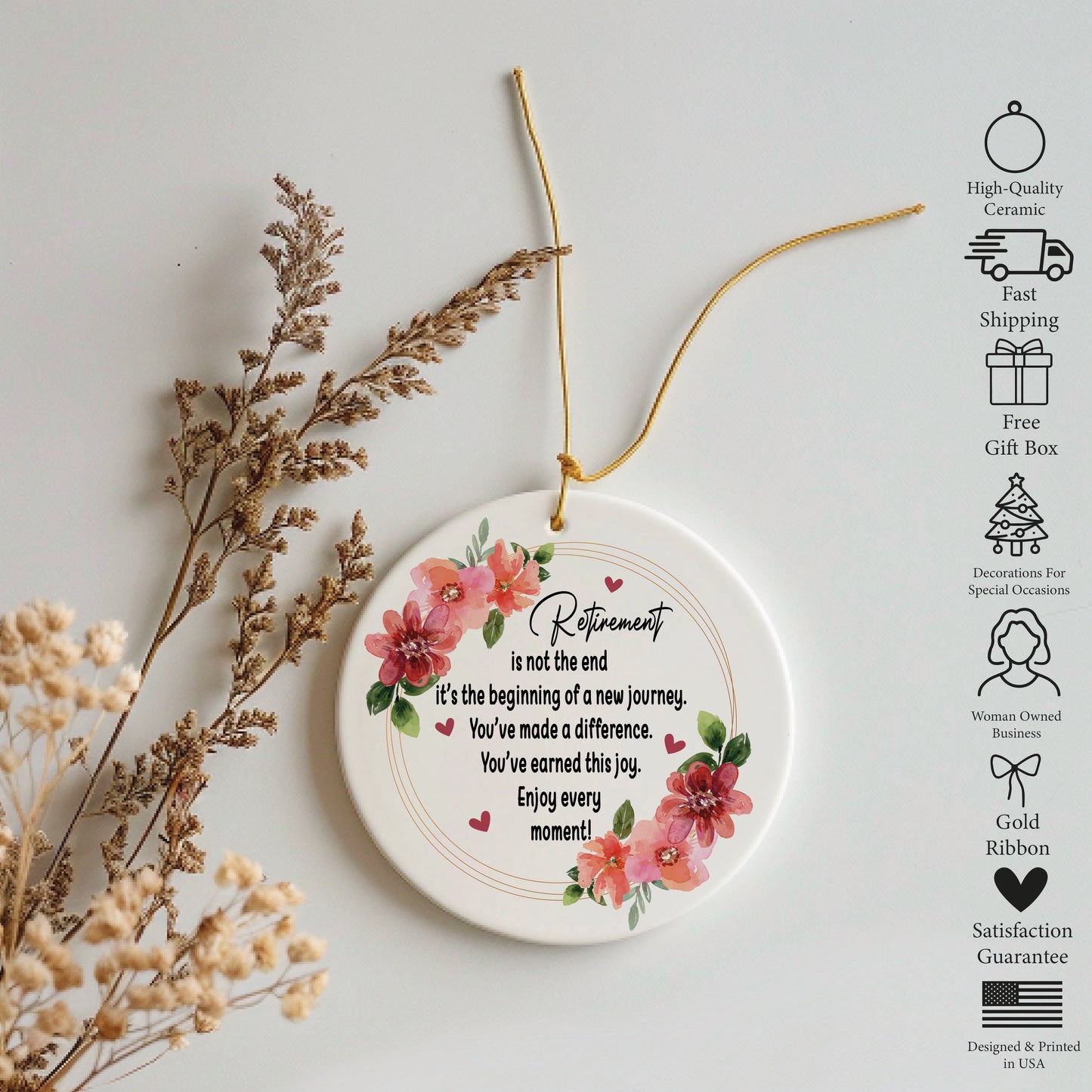 Elegant Floral Retirement Blessing Keepsake, Unique Ceramic Flower Ornament