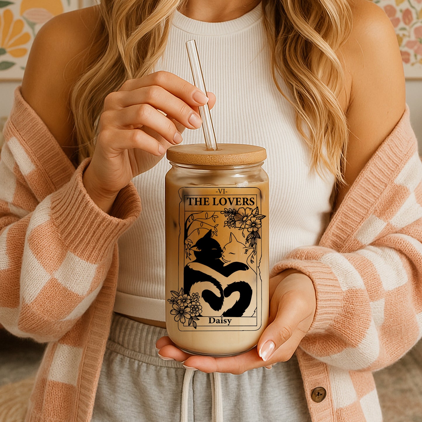 Custom Cat Design Glass Tumbler, Cute Tarot Card Iced Coffee Cup