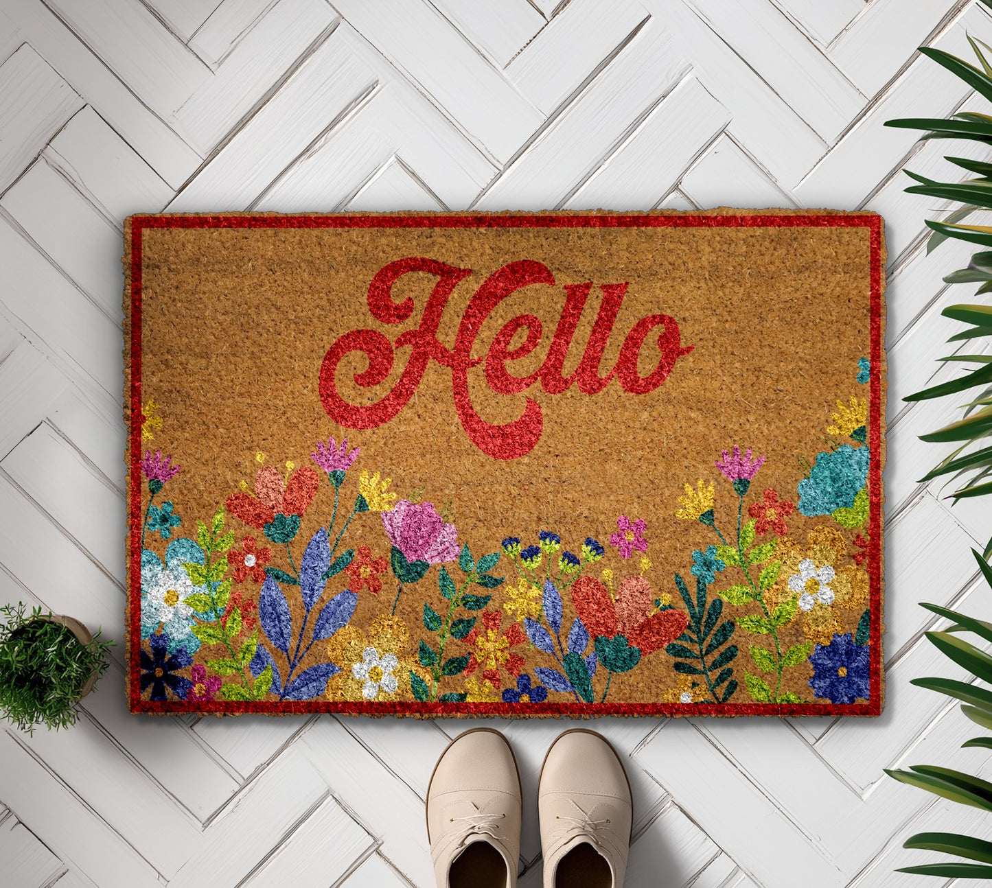 Charming Floral Hello Doormat, Vibrant Boho Flower Welcome Mat