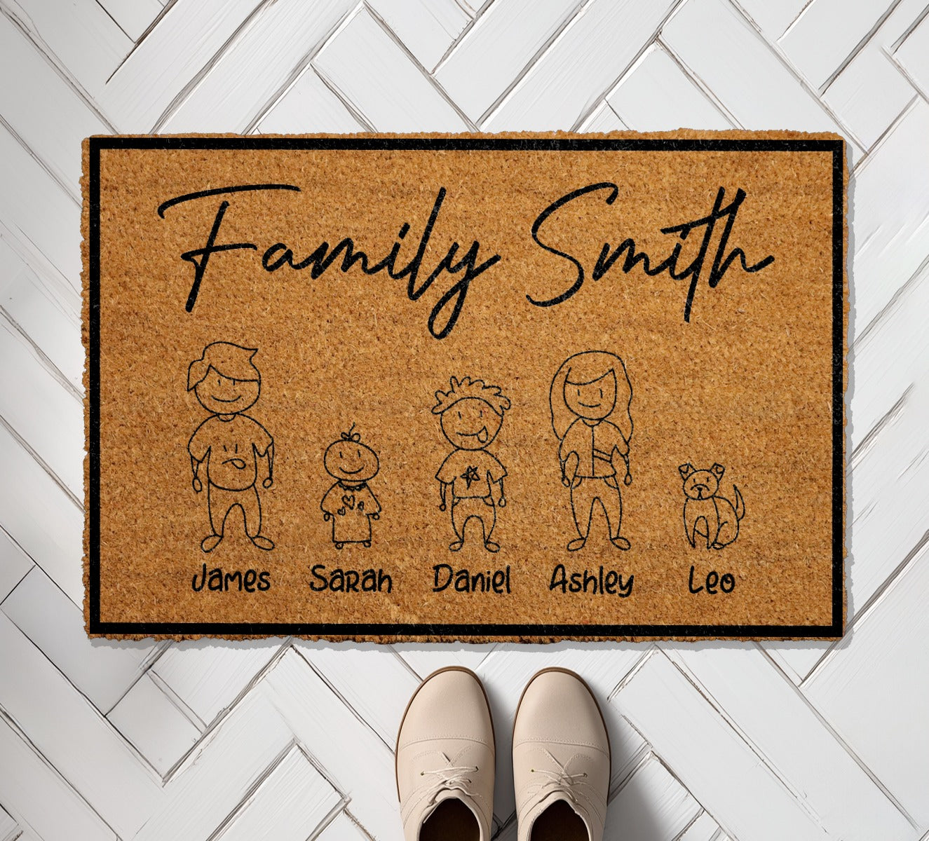 Personalized Family Doormat, Custom Stick Figure Home Decor, Pet Welcome Mat