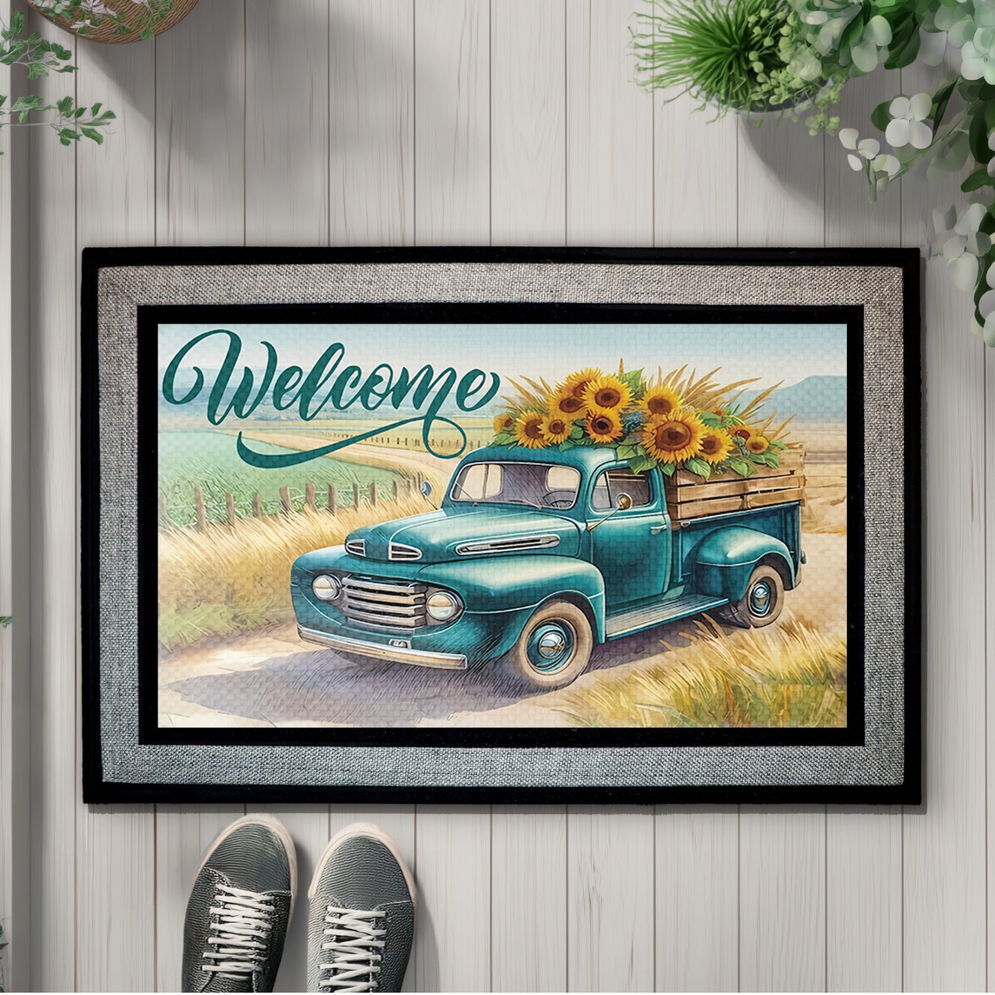 Retro Truck, Sunflowers Welcome Doormat โ Country Style Front Door