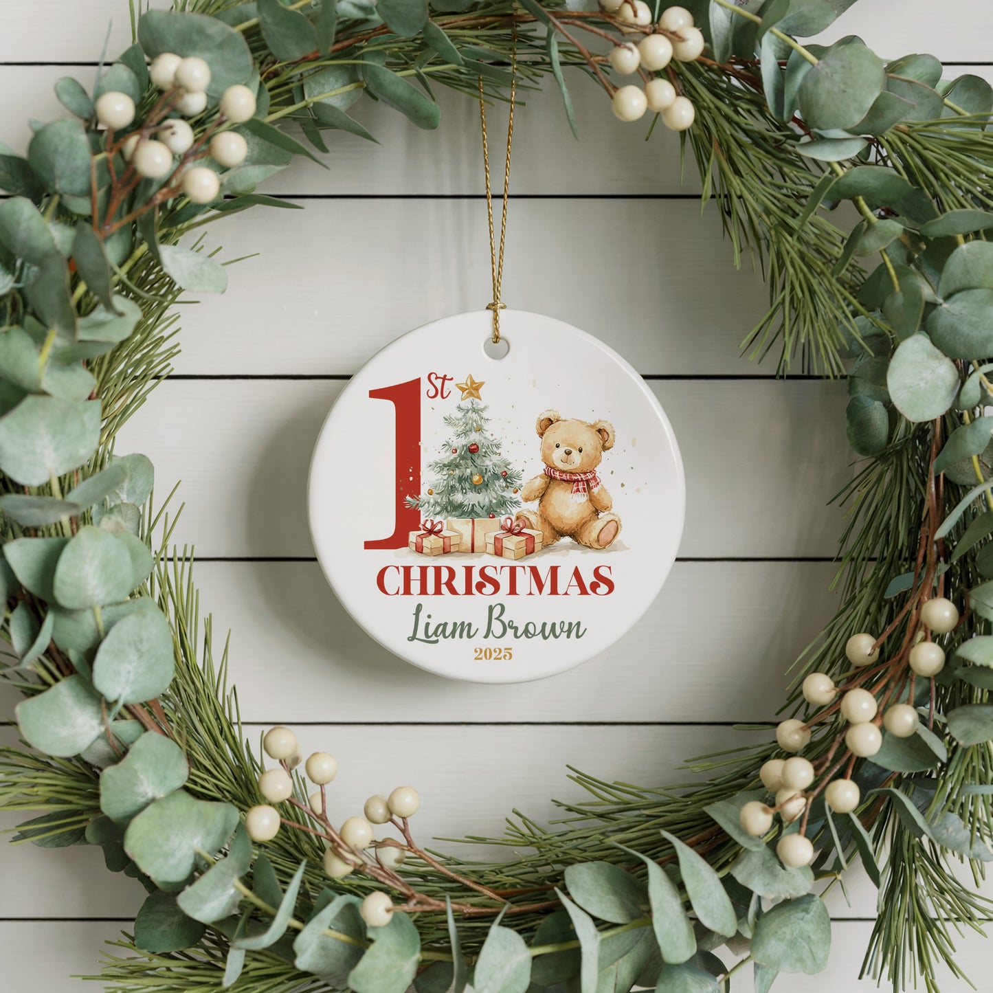 Celebrate Baby's 1st Christmas with Personalized Ceramic Ornament and Teddy.