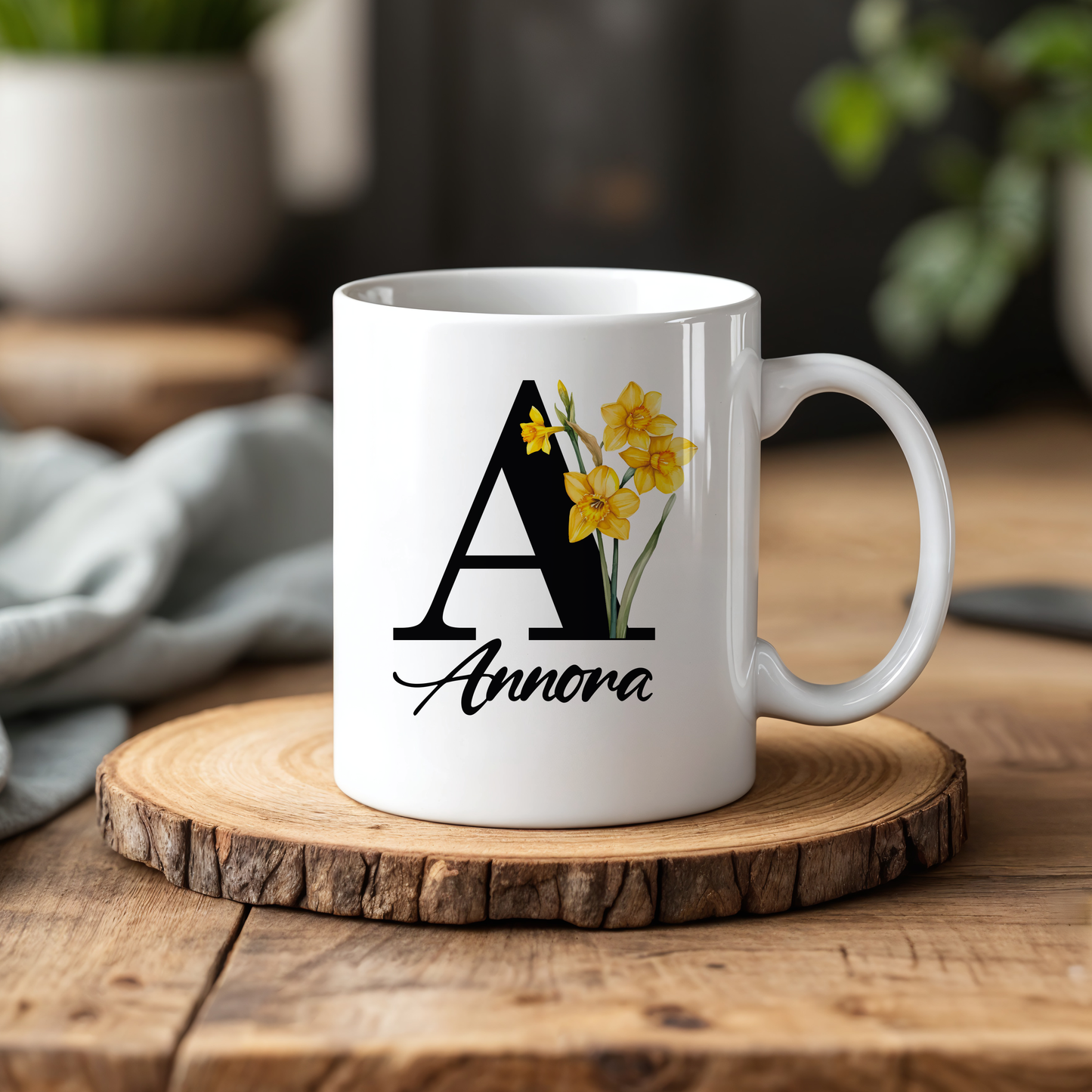 Personalized Botanical Monogram Mug, Elegant Birth Month Floral Coffee Cup