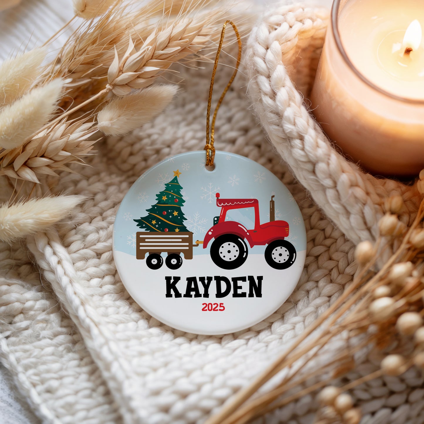 Red Tractor Ceramic Ornament, Baby's First Christmas Keepsake, Personalized Decoration