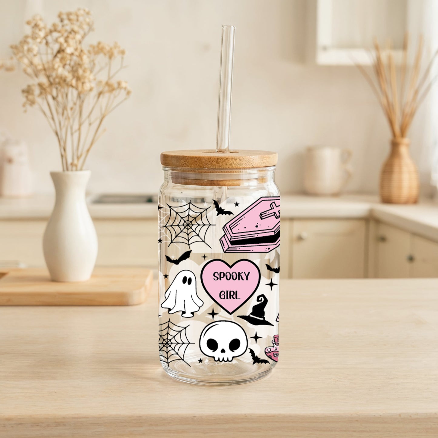Spooky Girl Tumbler, Halloween Glass Cup, Witchy Iced Coffee Cup