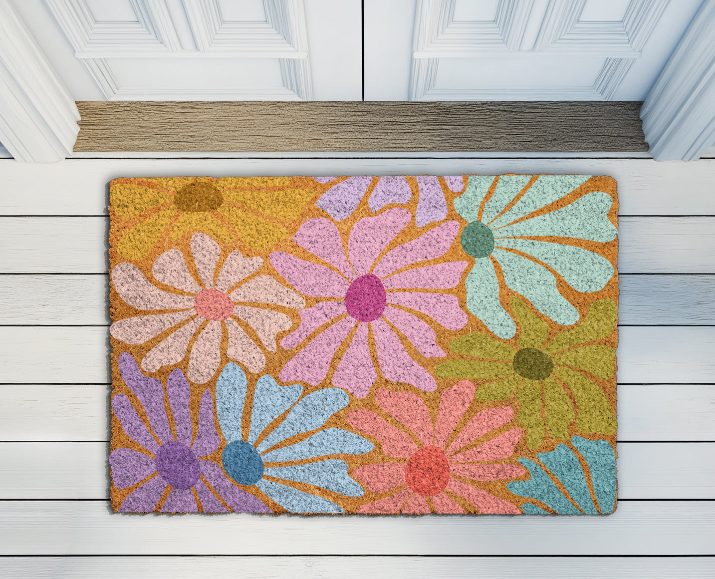 Boho Floral Coco Doormat, Groovy Summer Garden Welcome Mat