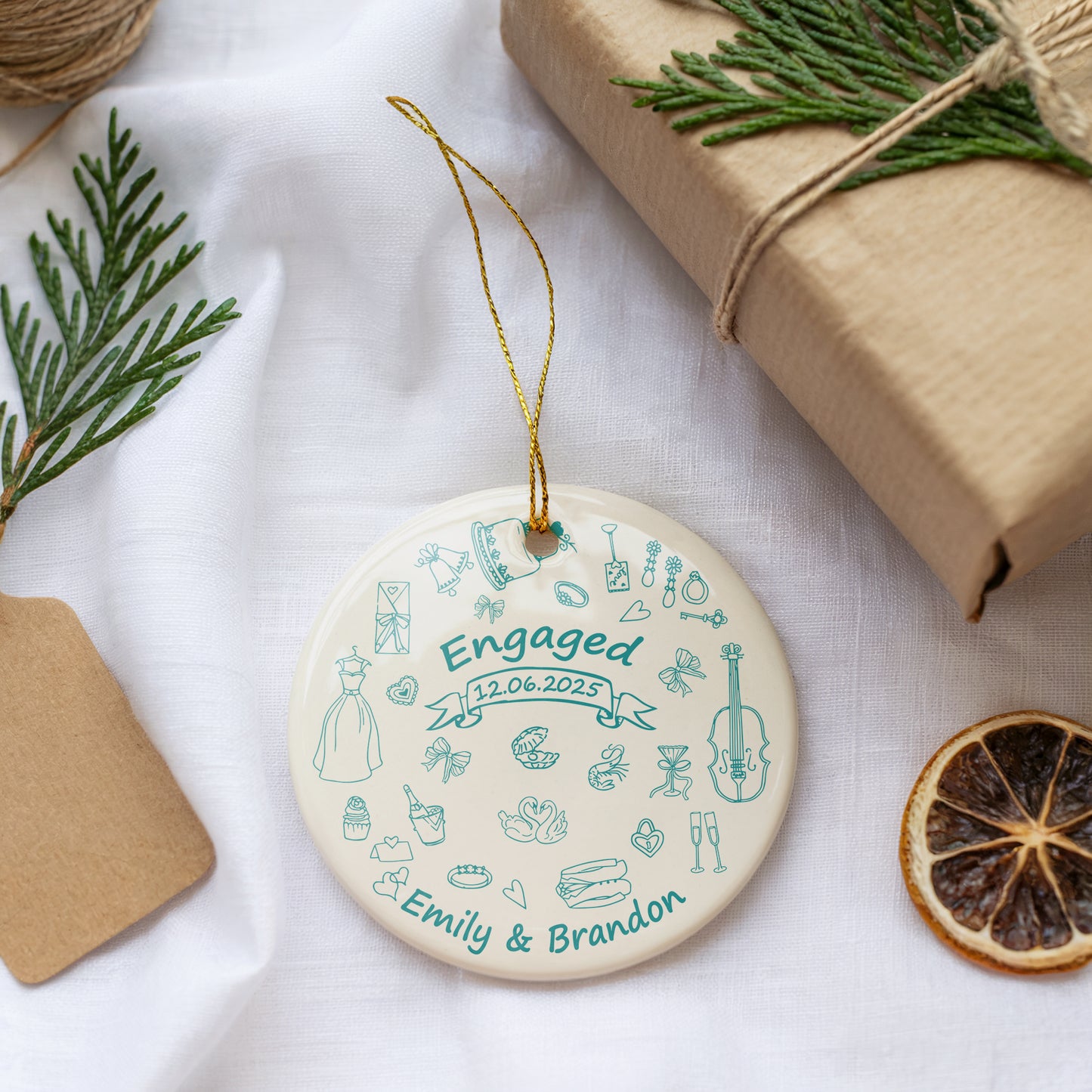 Custom Engaged Ceramic Ornament, Vibrant Doodle Design, Elegant Engagement Keepsake
