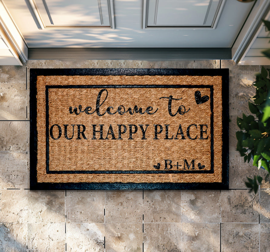 Personalized Custom Initials Doormat - Happy Place Entryway Decor