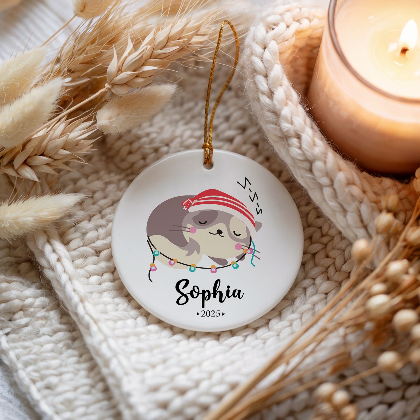 Personalized Adorable Cat Christmas Ornament, Charming Ceramic Cat Lover Decor