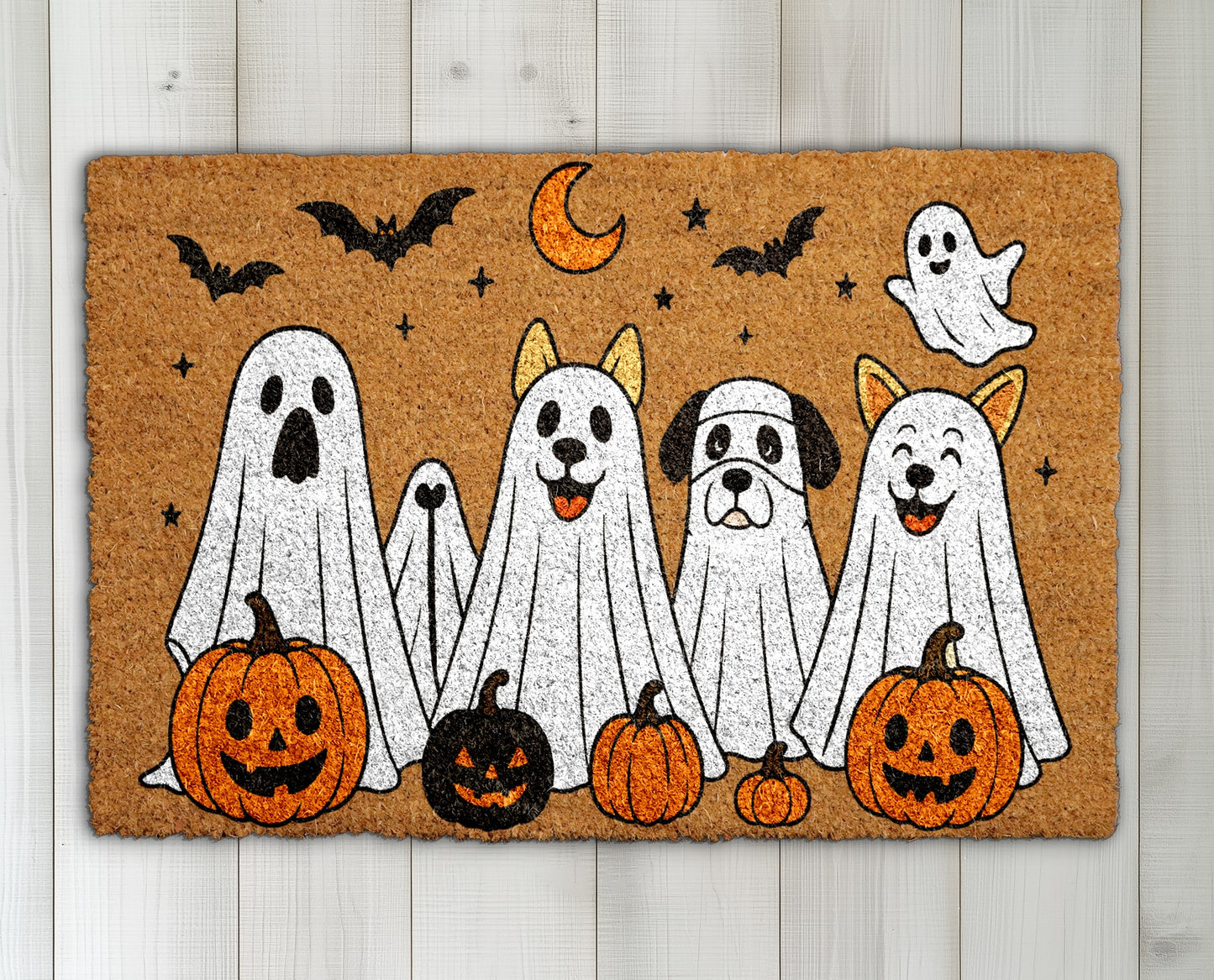 Ghost Dog Fall Decor, Cute Pumpkins Halloween Gift, Creepy Bat Porch Rug