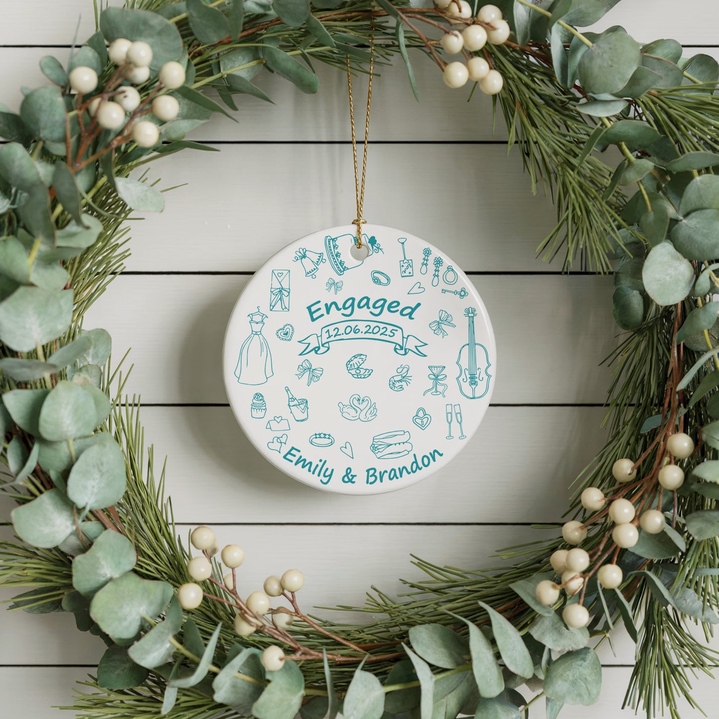 Custom Engaged Ceramic Ornament, Vibrant Doodle Design, Elegant Engagement Keepsake
