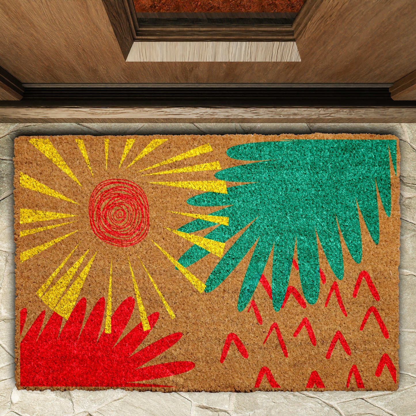 Modern Abstract Sun Doormat, Colorful Leaves Mat for Boho Home