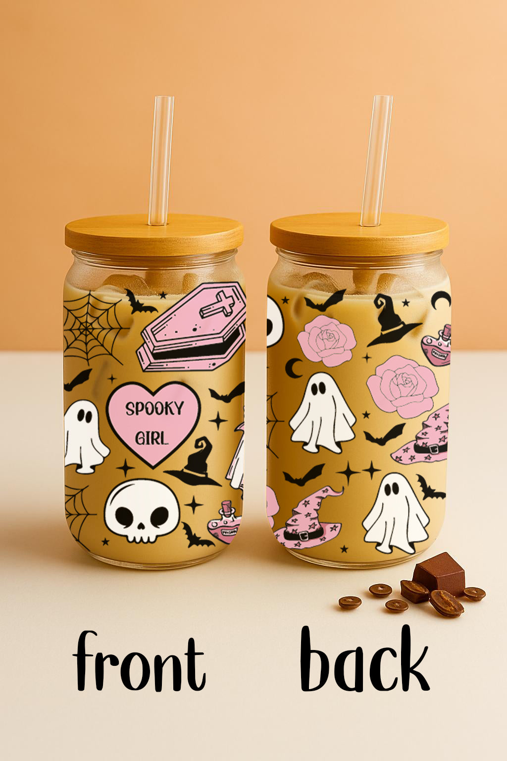 Spooky Girl Tumbler, Halloween Glass Cup, Witchy Iced Coffee Cup