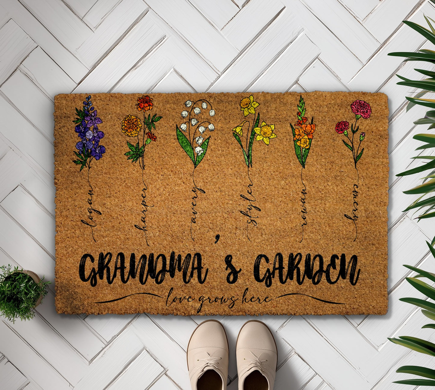Personalized Grandkids' Name Doormat, Birth Month Flower Coir Rug!