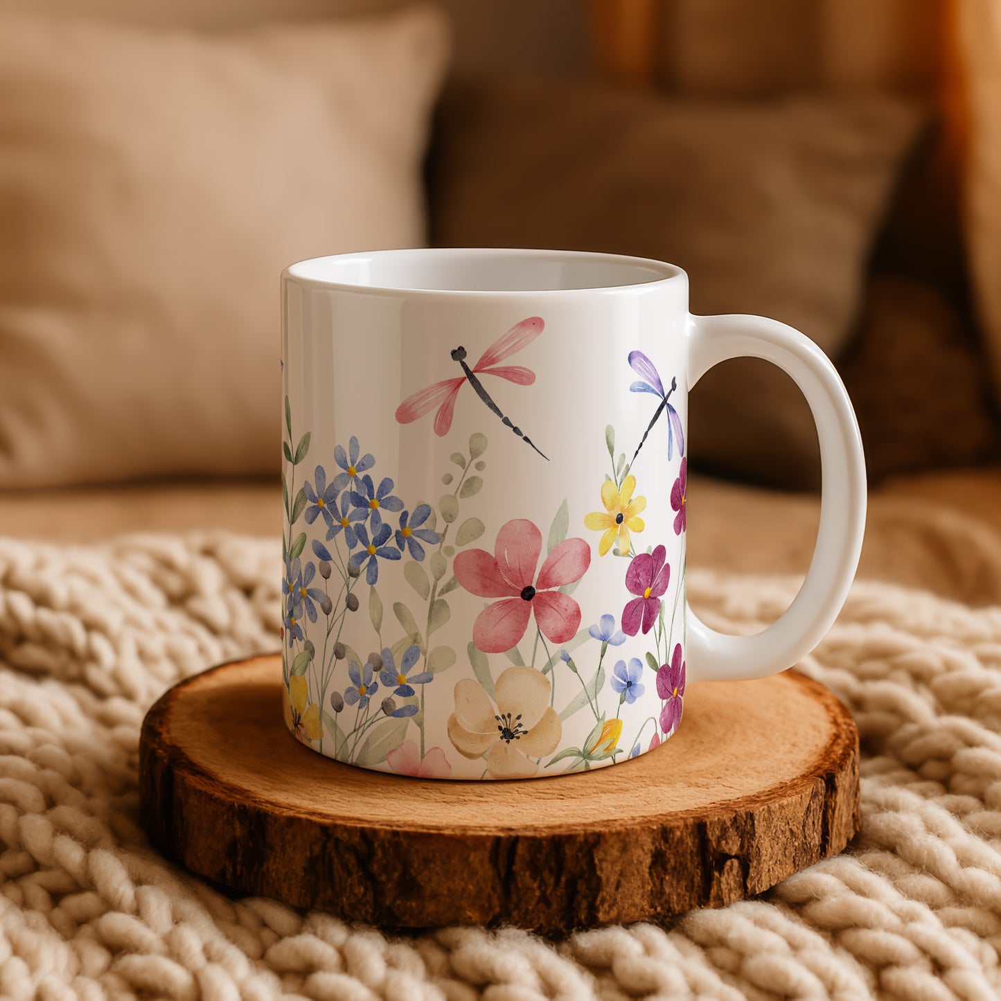 Ceramic cup with colorful wildflowers and butterflies, perfect for nature lovers.