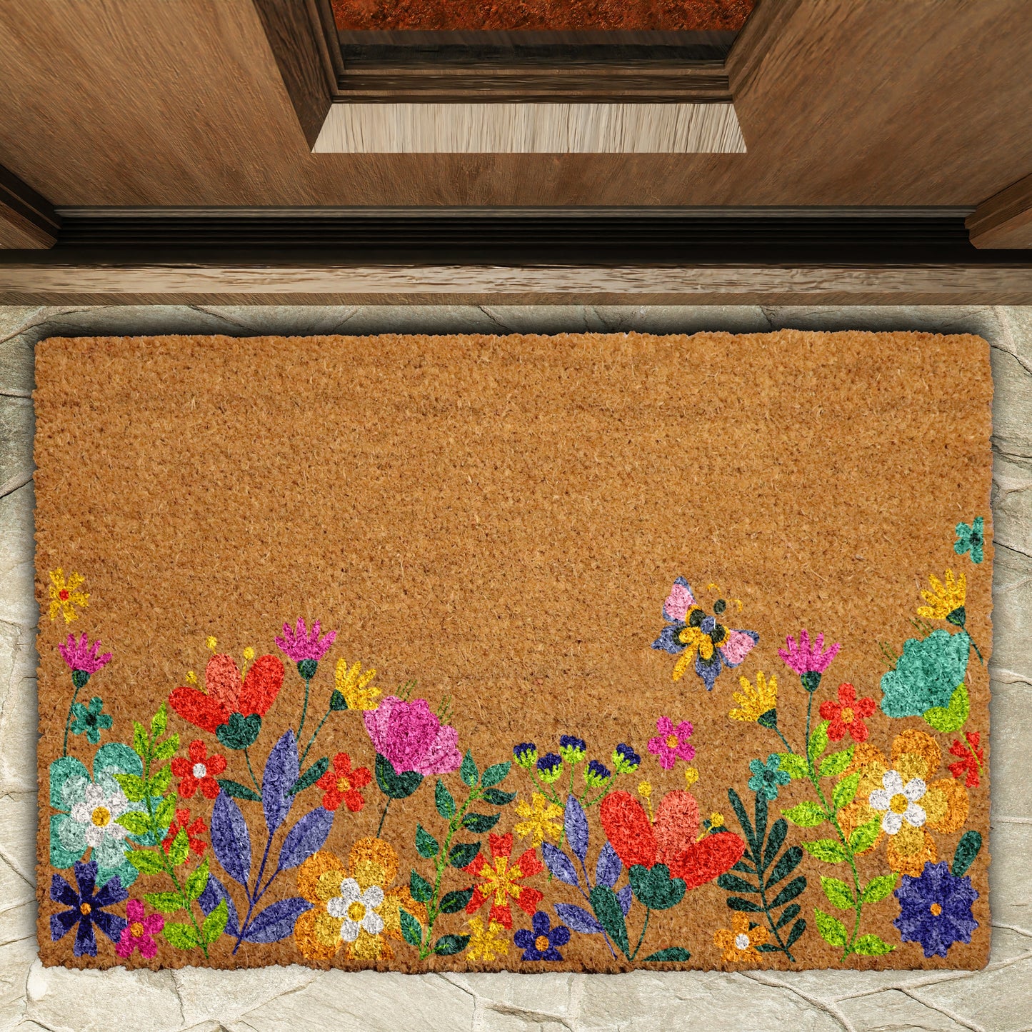 Butterfly & Floral Welcome Mat, Vibrant Spring Garden Entrance Rug