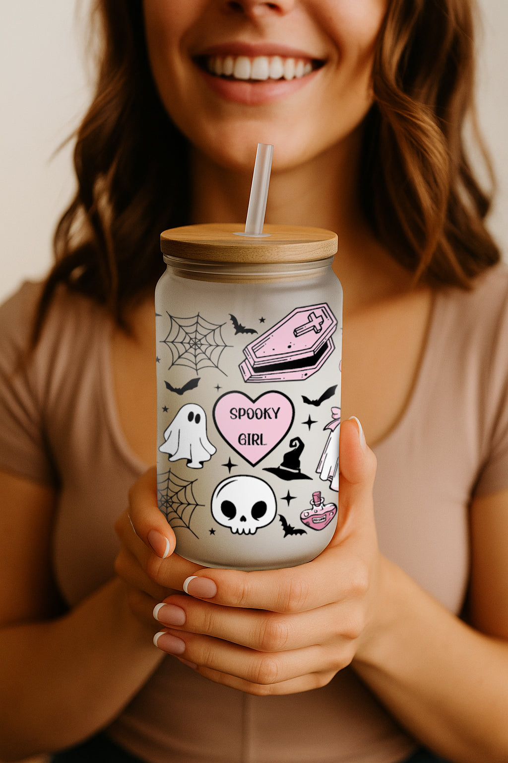 Spooky Girl Tumbler, Halloween Glass Cup, Witchy Iced Coffee Cup
