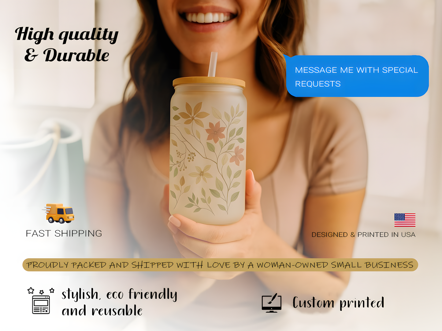 Floral Cross Can Glass Tumbler, Aesthetic Religious Iced Coffee Cup