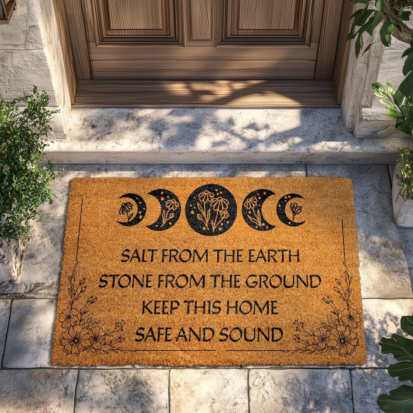 Witchy Welcome Mat, Floral Lunar Cycle Porch Rug for Home Protection