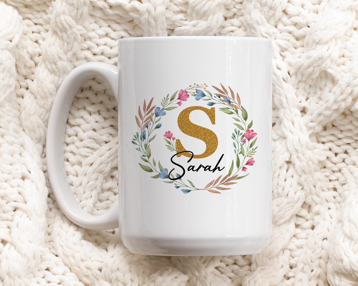 Floral Initial Pottery Cup, Personalized Name Coffee Mug, Elegant Tea Cup