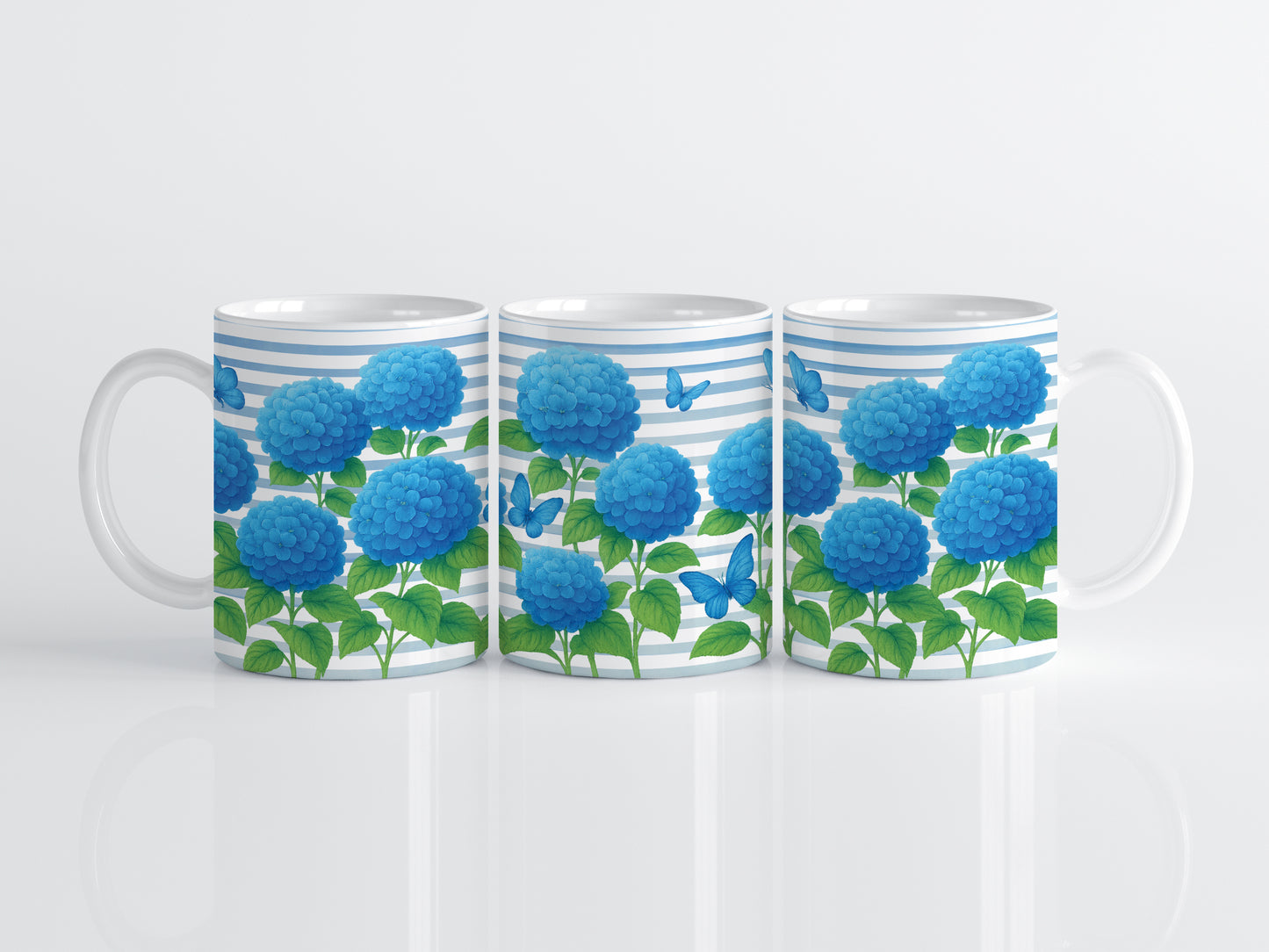 Hydrangea Coffee Cup, Blue Flowers & Butterfly Mug: Garden Lover's Delight