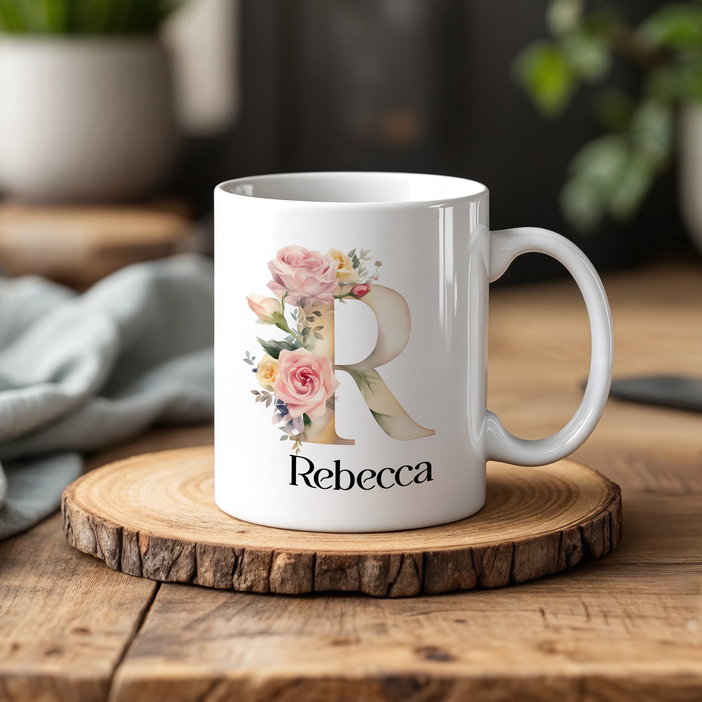 Elegant Monogram Ceramic Floral Mug, Personalized Aesthetic Tea Cup