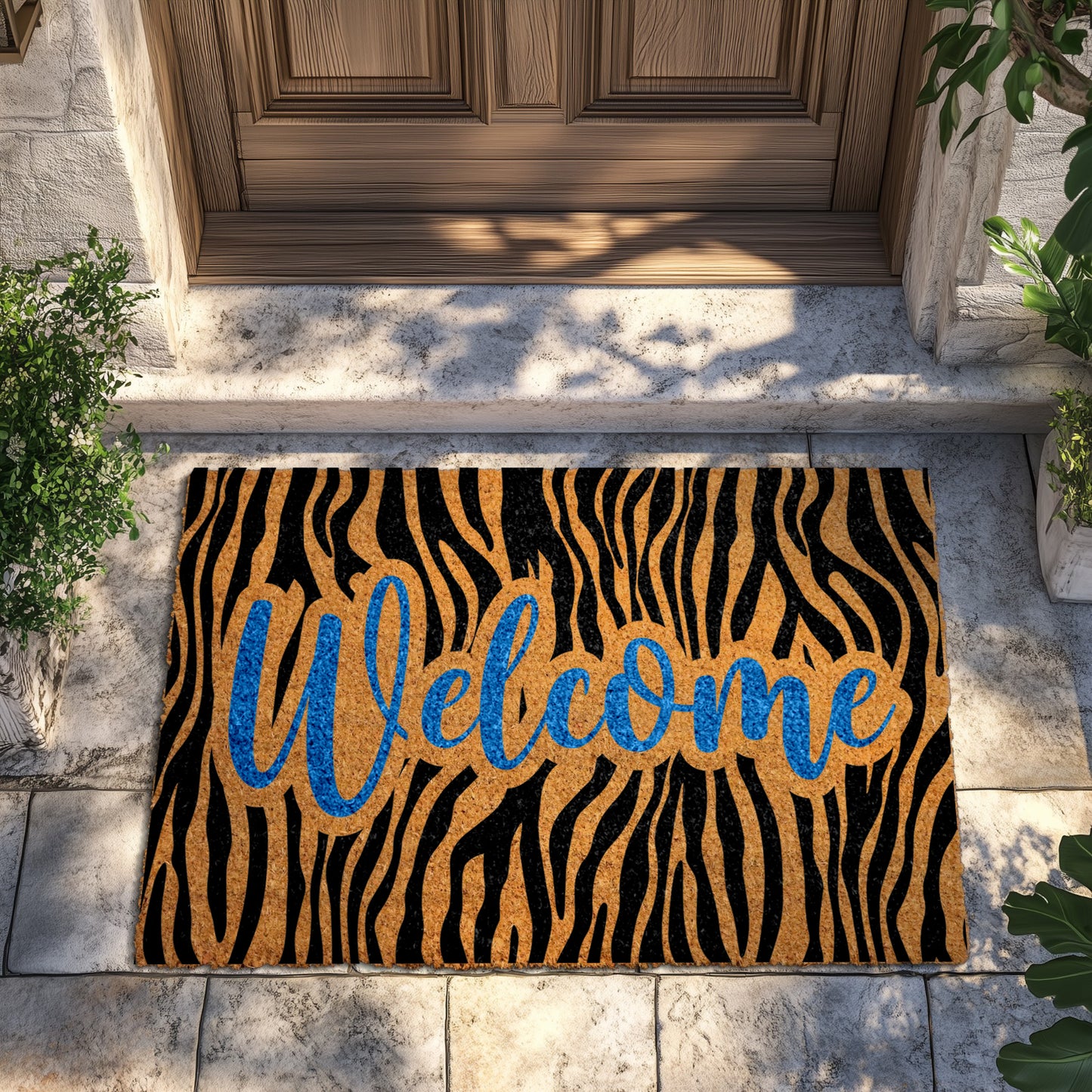 Blue Lettering Zebra Print Welcome Doormat, Eclectic Porch Decor