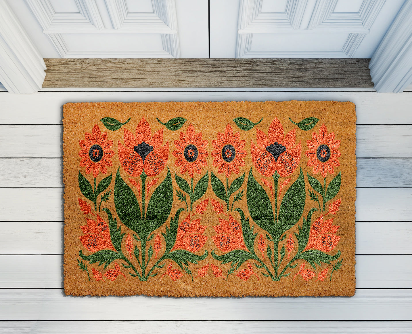 Hand-Painted Floral Welcome Mat, Botanical Orange Flower Coir Doormat