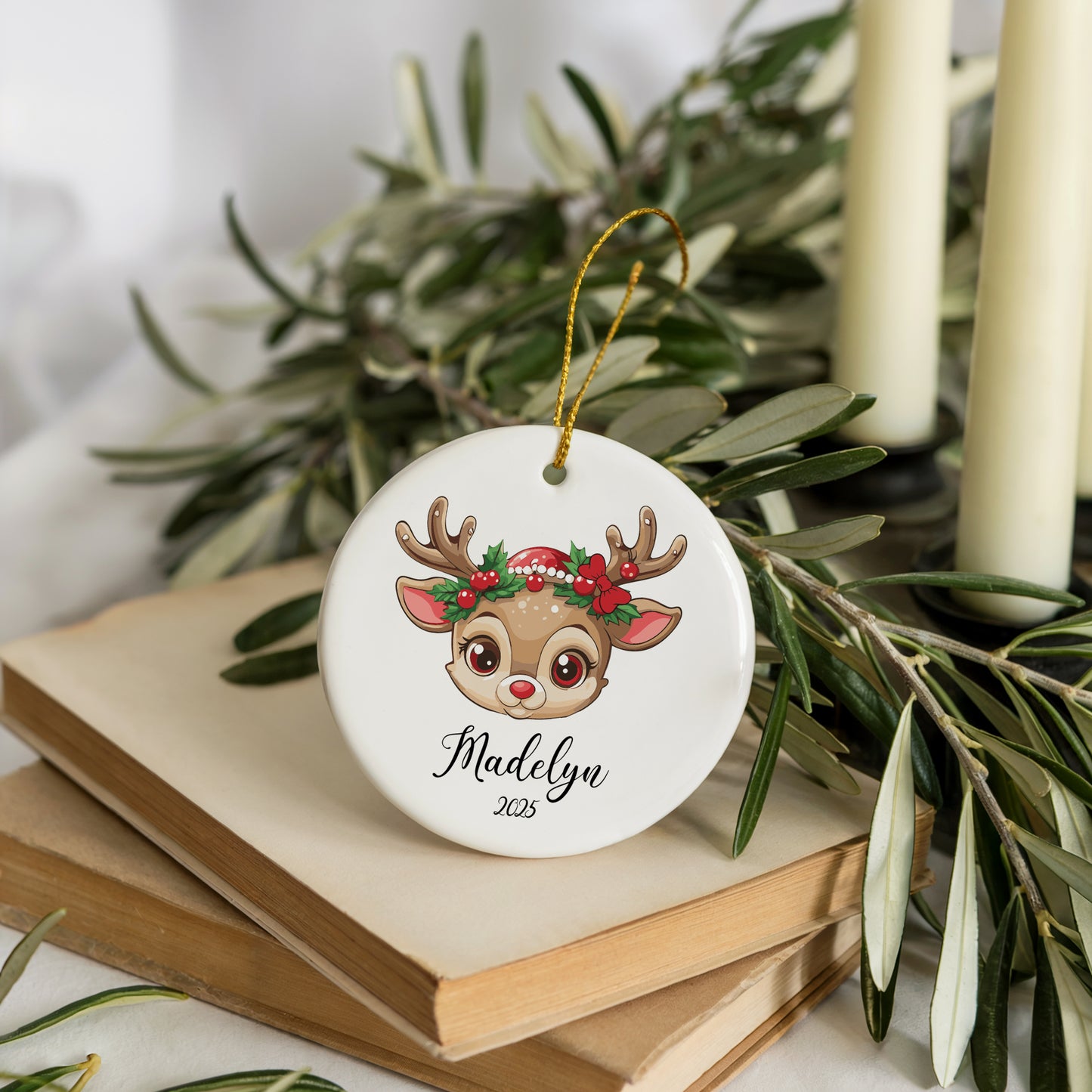 Personalized Reindeer Theme Baby Girl Ornament, Ceramic Keepsake Hanging Decoration