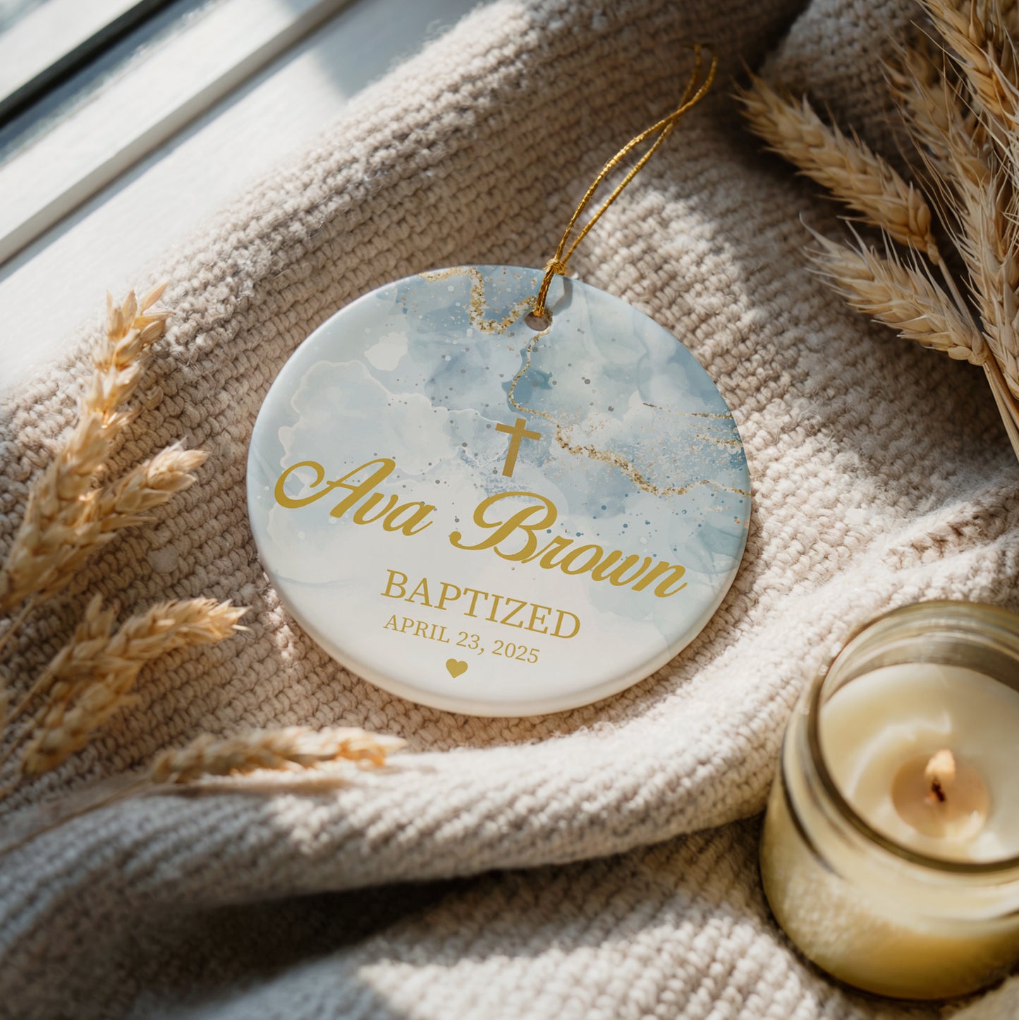 Celebrate Faith with Customizable Baptism Ceremony Ornament, Water Marble Design