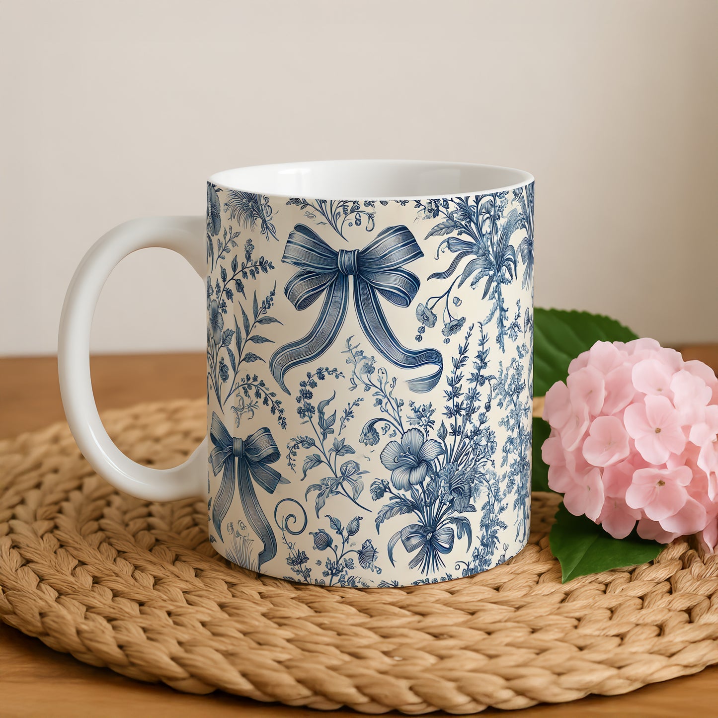 Vintage French Toile Floral Coffee Mug, Aesthetic Ceramic Gift