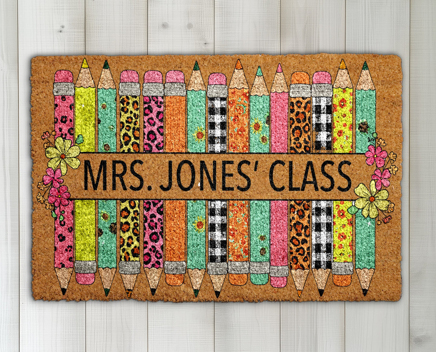 Personalized Teacher Doormat, Welcome Gift with Pencil Design