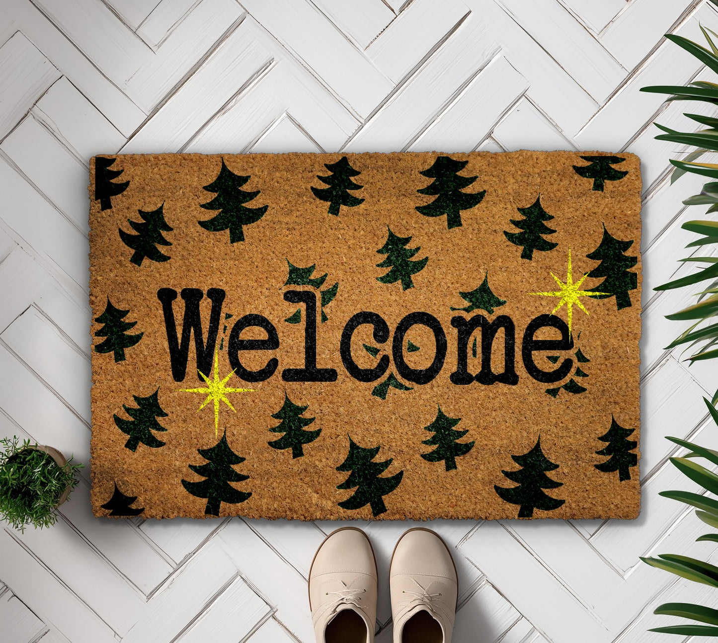 Festive Christmas Tree Welcome Mat, Holiday Front Door Rug