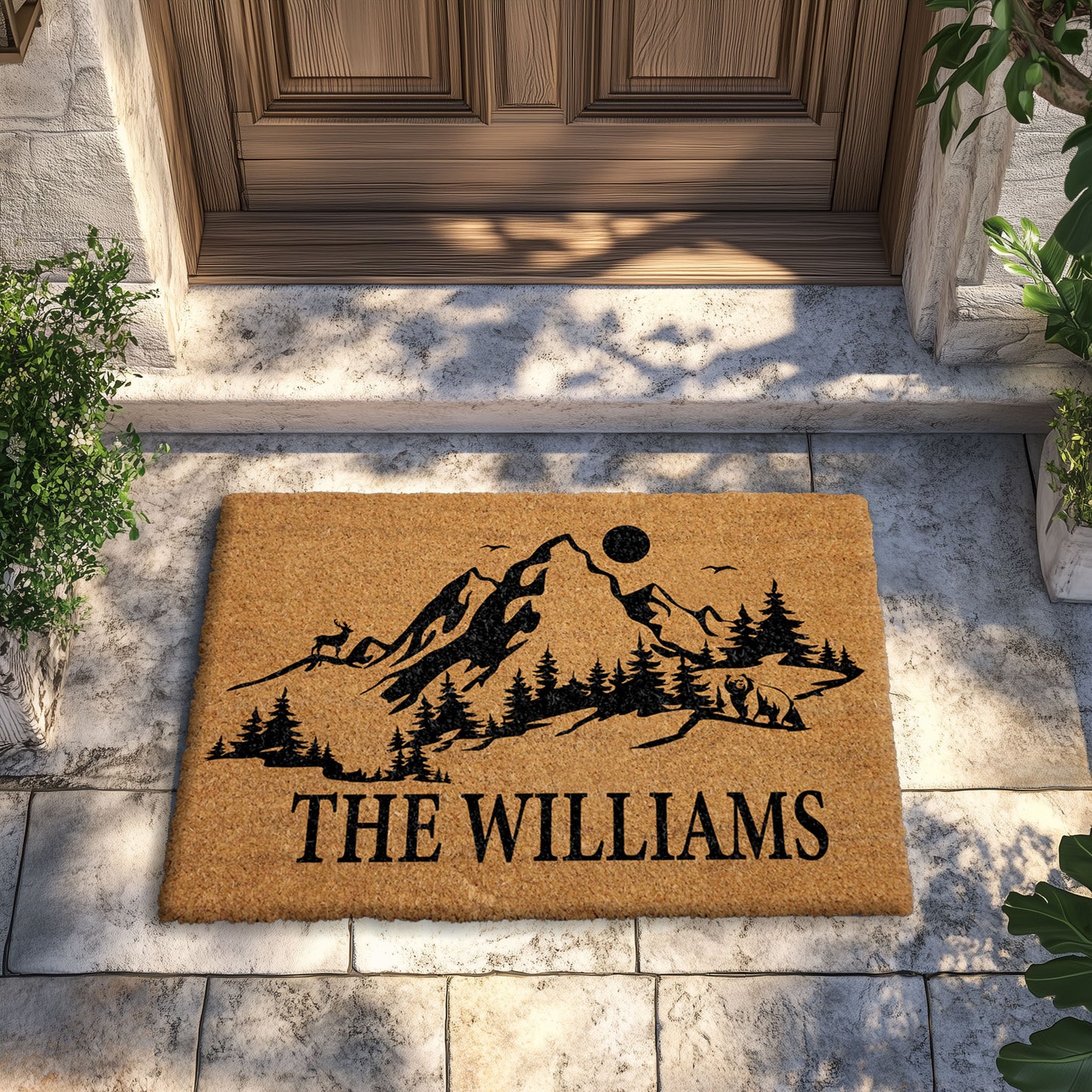 Retro Mountain Family Welcome Mat, Personalized Outdoor Adventure Home Decor