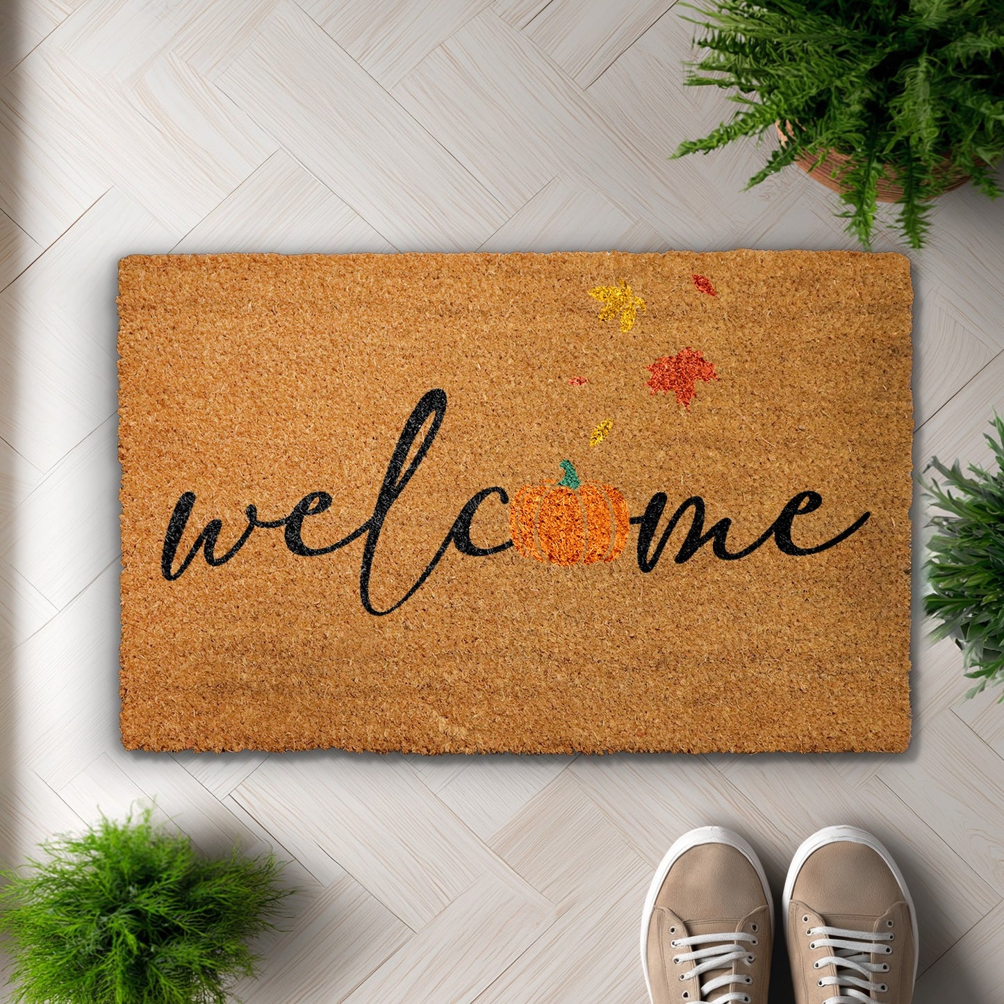 Autumn Leaves Home Decor, Pumpkin Welcome Mat for Farmhouse Entry