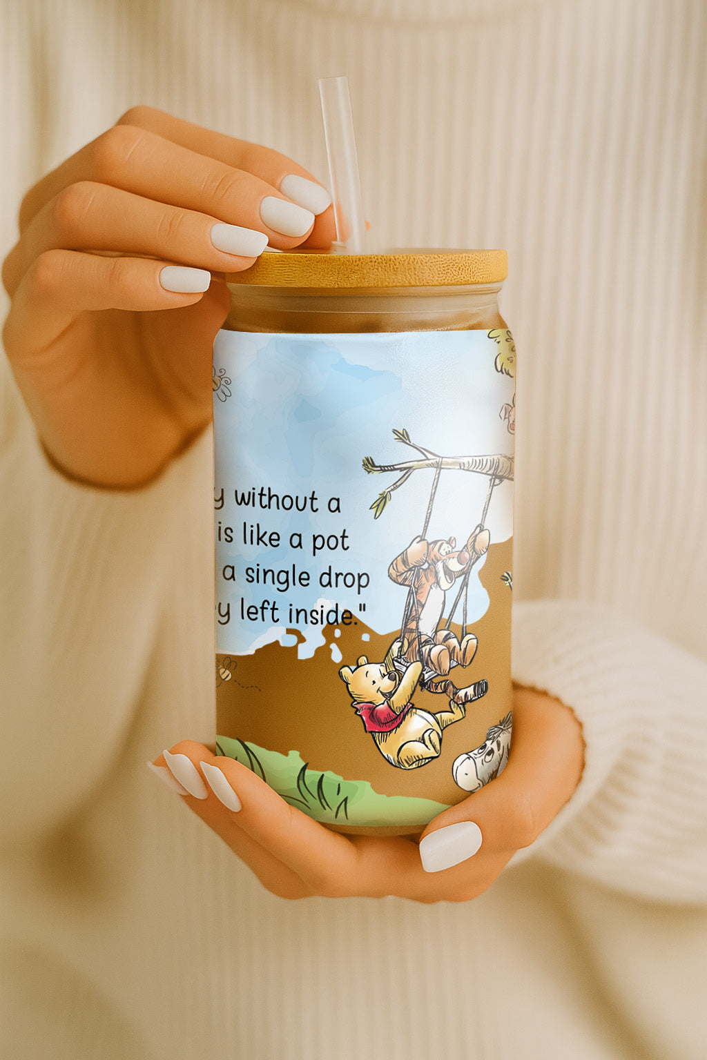 Winnie The Pooh Quotes Glass Can Tumbler, Retro Disneyland Iced Cup