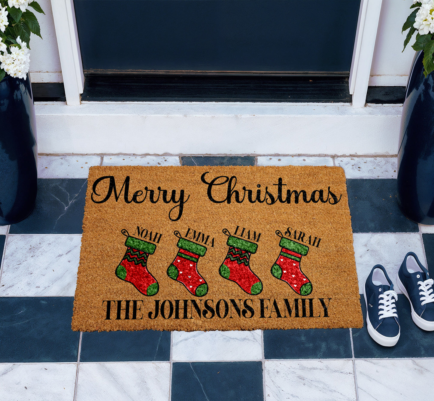 Custom Family Names Stocking Welcome Mat, Holiday Home Entrance Decor