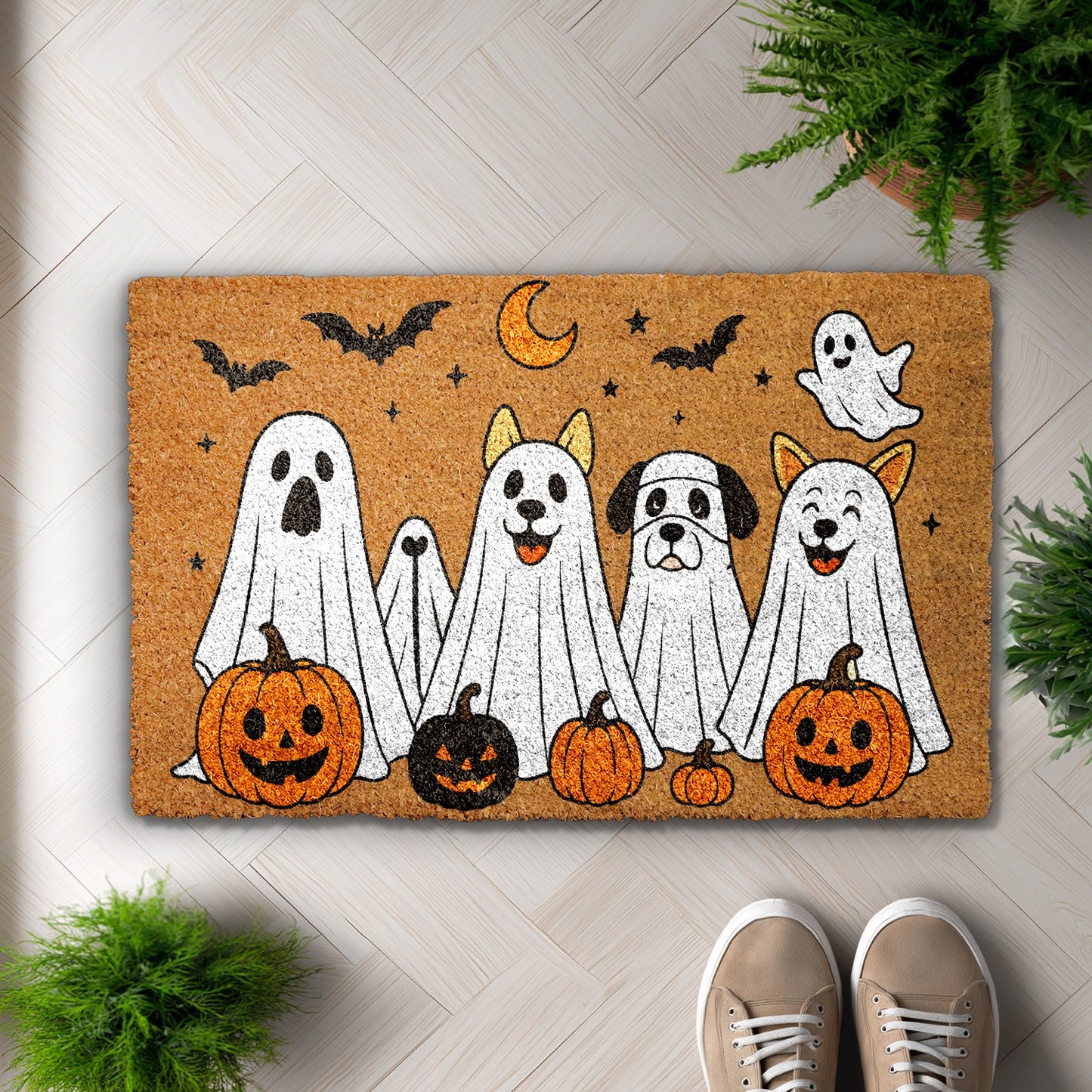 Ghost Dog Fall Decor, Cute Pumpkins Halloween Gift, Creepy Bat Porch Rug
