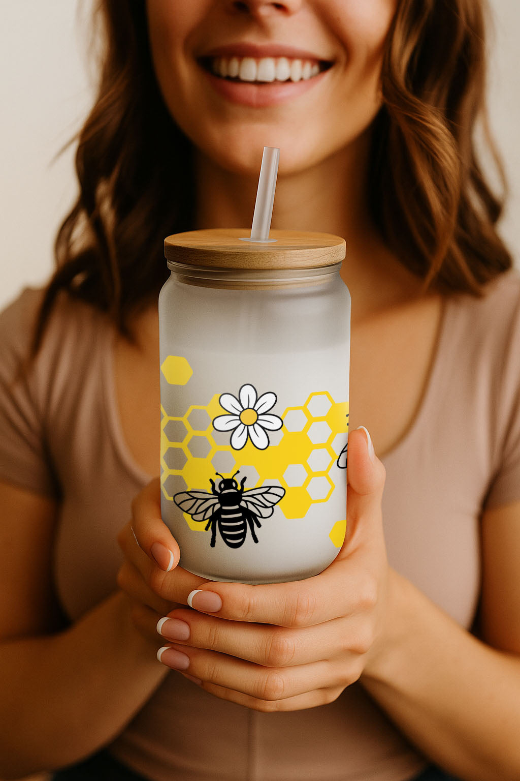 Buzz-worthy Eco-Friendly Bee Glass Tumbler, Floral Can Mug Gift